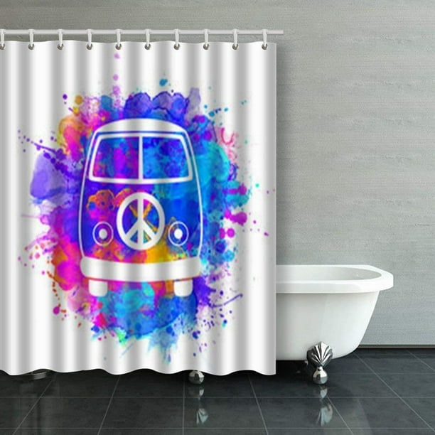 Watercolor Hippie Camper Van Car Shower Curtain Set Bathroom Waterproof Fabric